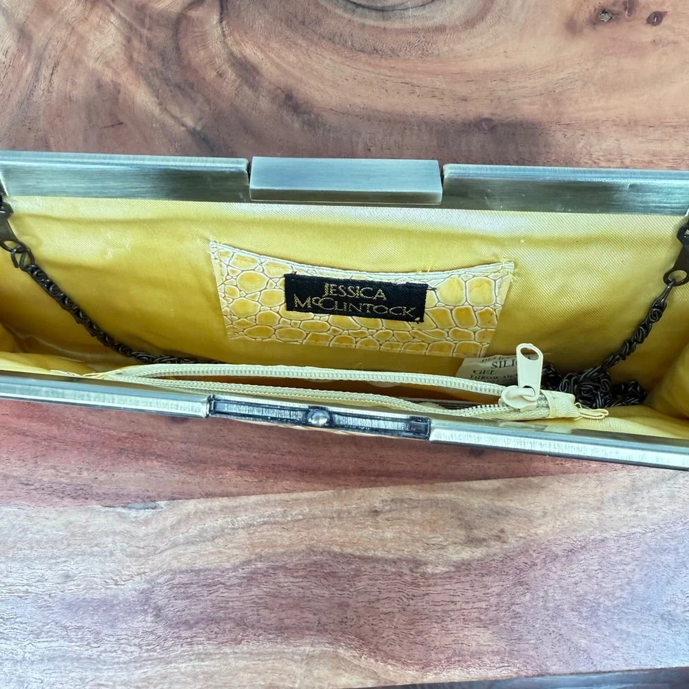 Jessica McClintock Yellow Croc Embossed Clutch Evening Bag w Brass Frame & Chain
